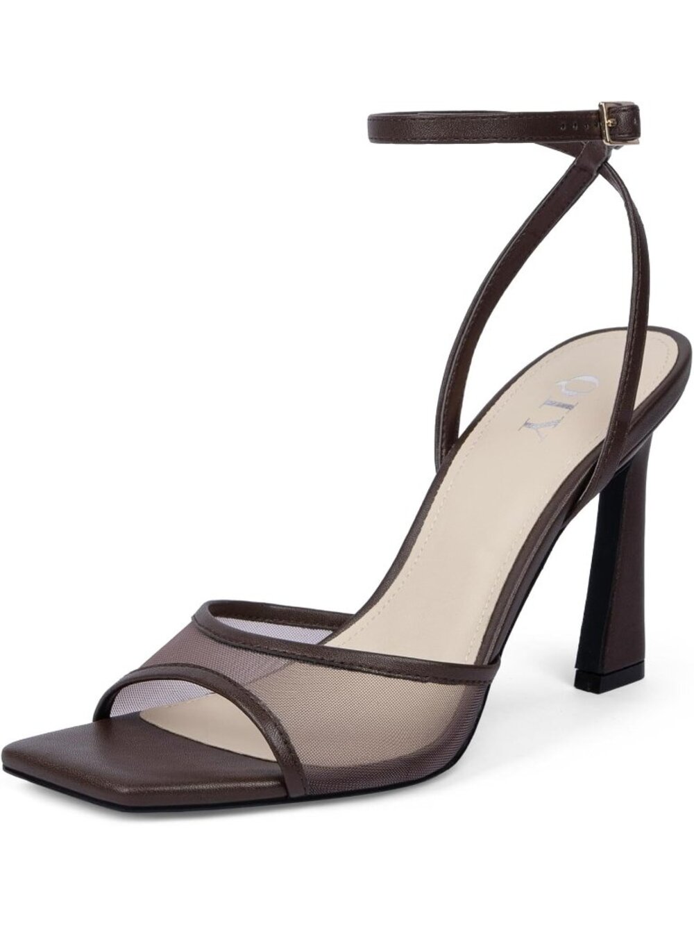 Women's Chocolate Mesh Square Toe Ankle Strap Shoes Stiletto High Heels Sandals